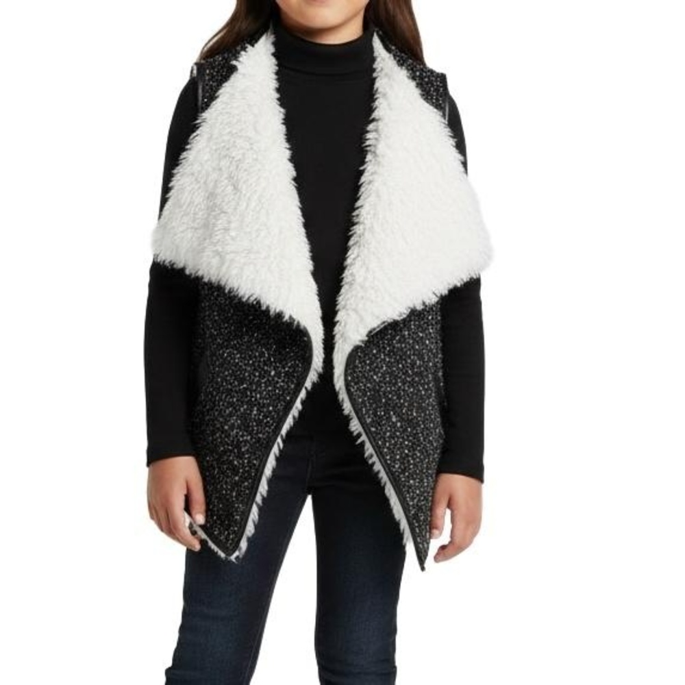Say What? Vest Girls L Black White Open Front‎ Sleeveless Faux Fur Trim Layering